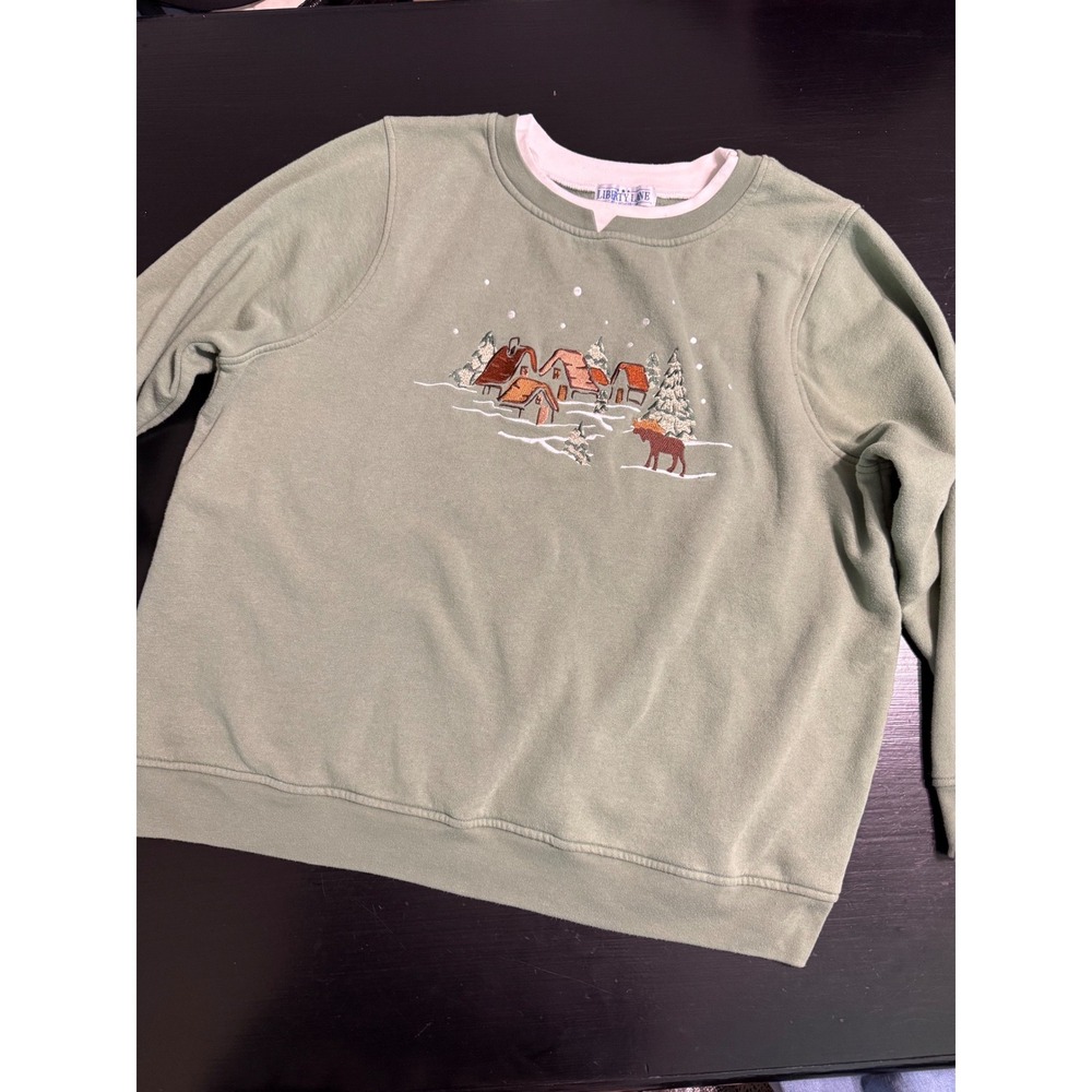 Liberty Lane Womens 1X Sage  Winter Village Moose Embroidered Sweatshirt grandma